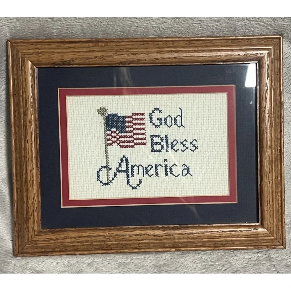 Handmade God Bless America Cross Stitch Framed Patriotic Flag Wall Art 9.5x7.5